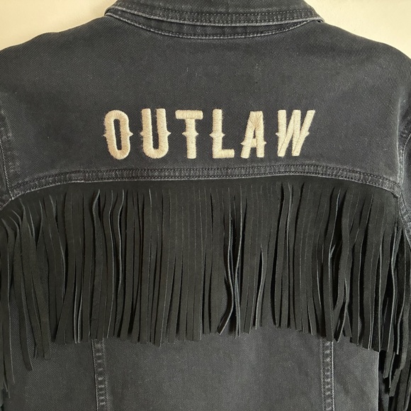 Idyllwind Outlaw Western Leather Fringe Jean Denim Jacket Black - Picture 3 of 8